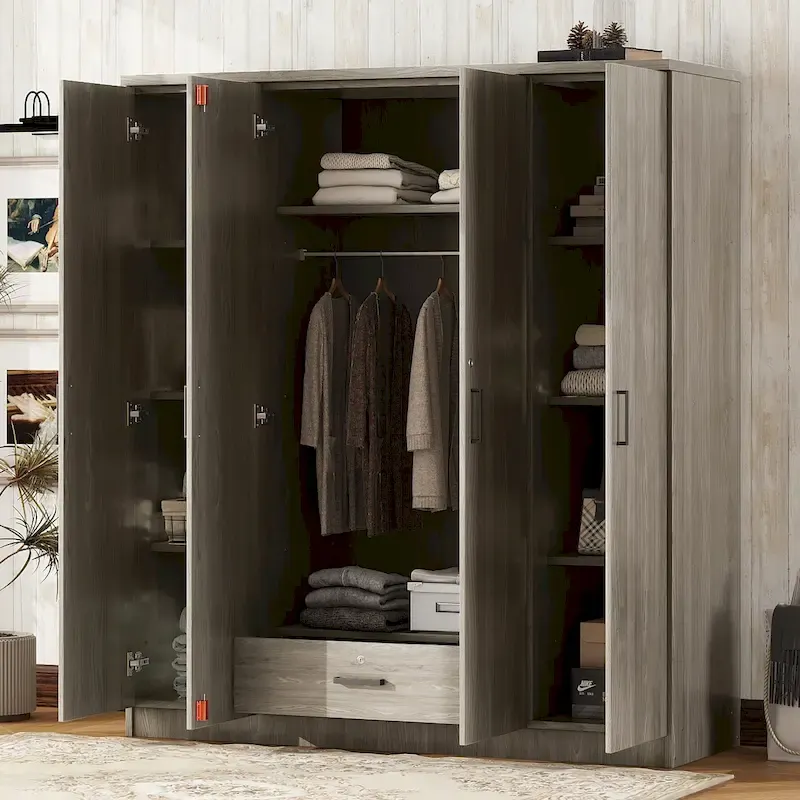 Grey MDF 4-Door Freestanding Wardrobe with Shelves, Lockable Drawer and Black Handles
