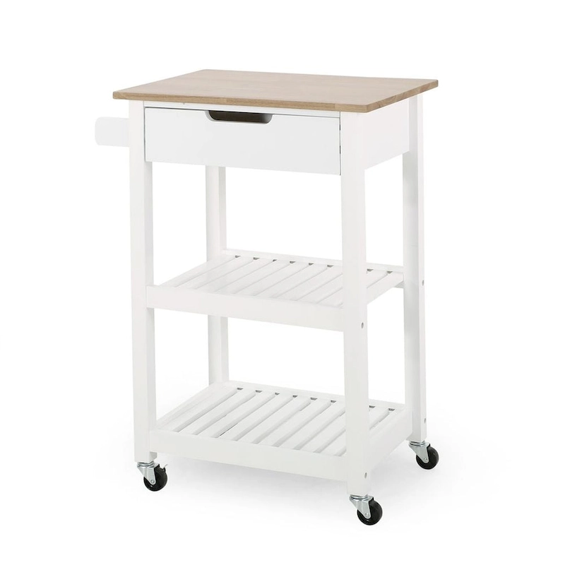 Compact Wooden Kitchen Cart with Wheels Shelves and Drawer by Christopher Knight Home