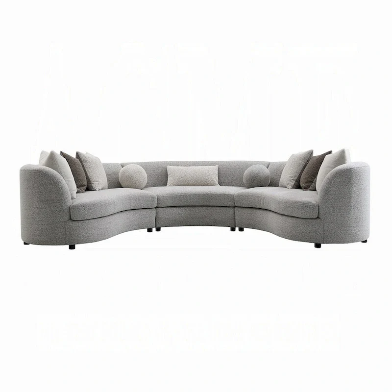 Kei 3pc Sectional Sofa, 9 Pillows, Curved Frame, Gray Boucle Fabric
