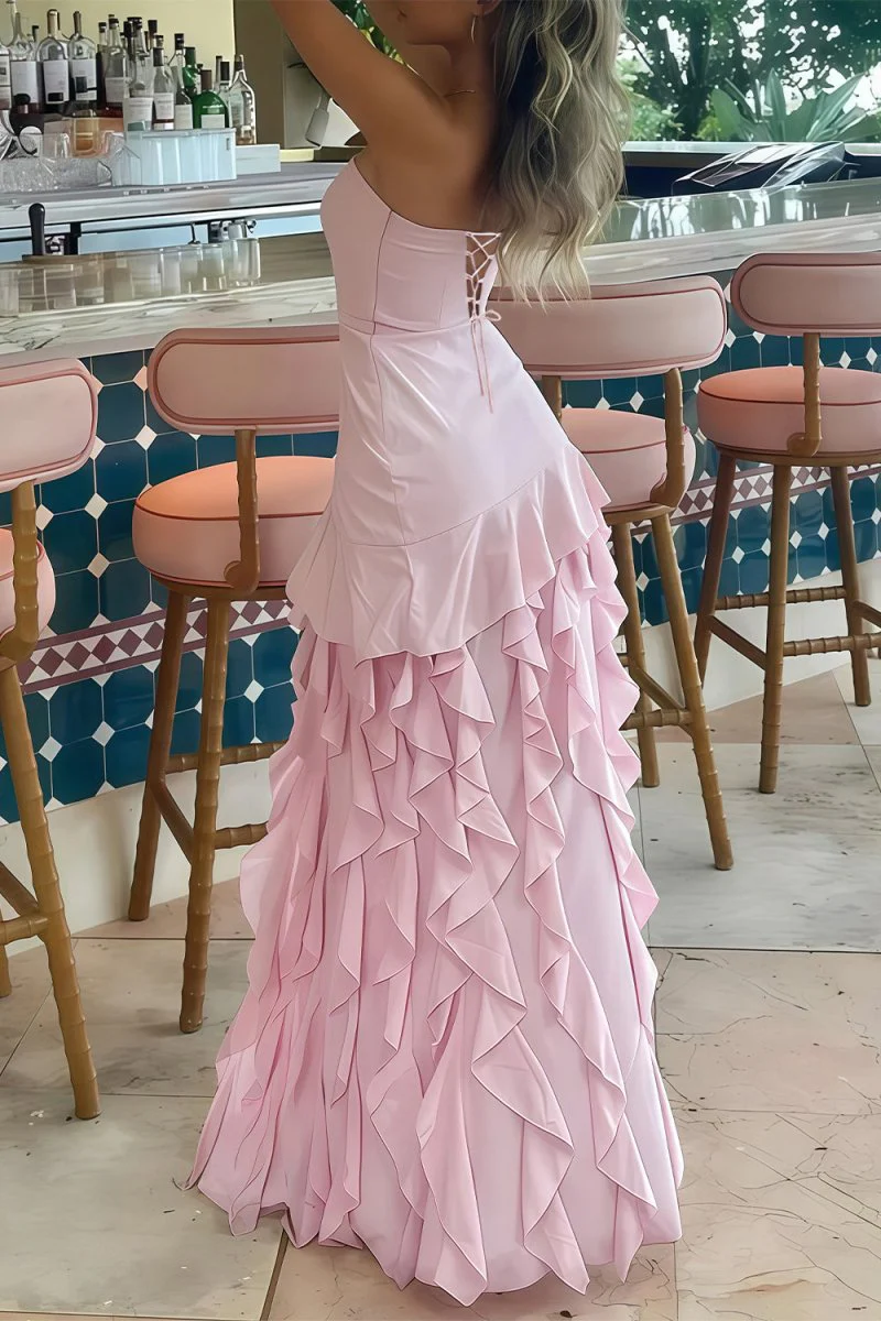 Pink Sheath Strapless Chiffon Long Prom Dresses With Ruffles