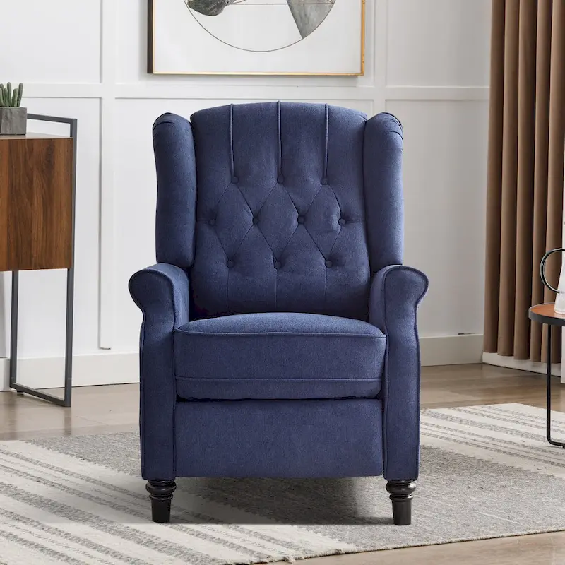 Push Back Recliner with Tufted Back and Wooden Legs