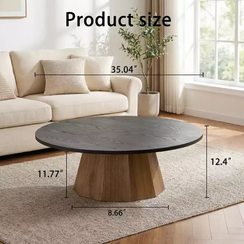 JVNOXK Round Coffee Table Sturdy Pedestal Wooden Tea Table for Living Room Easy to Assemble,Black,Wood