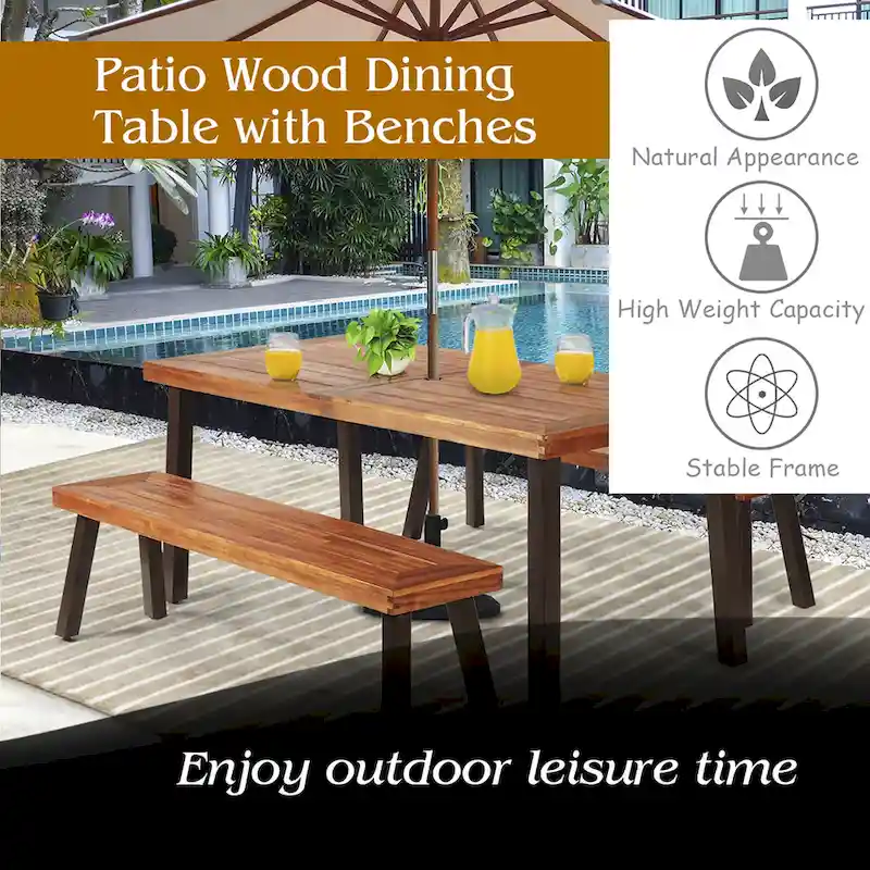 Costway 3 Pieces Picnic Table Set Acacia Wood Table Bench with Steel