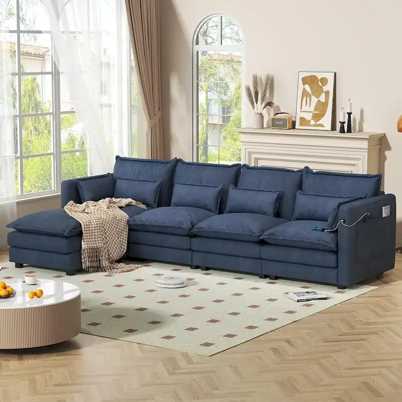 Modular Sectional Sofa L Shaped Couch, 3/4 Seat Sofa Set with Ottoman, Chenille Fabric