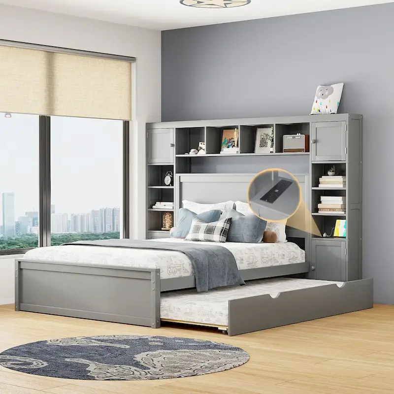 Gray Queen Size Wooden Platform Bed with Cabinet, Shelf, and Sockets