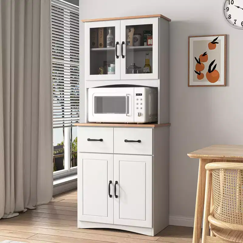 JVNOXK 23-inch Wooden Kitchen Cabinet, Pantry Microwave Cabinet with Glass Doors and Drawers, Featuring Adjustable Shelves, White