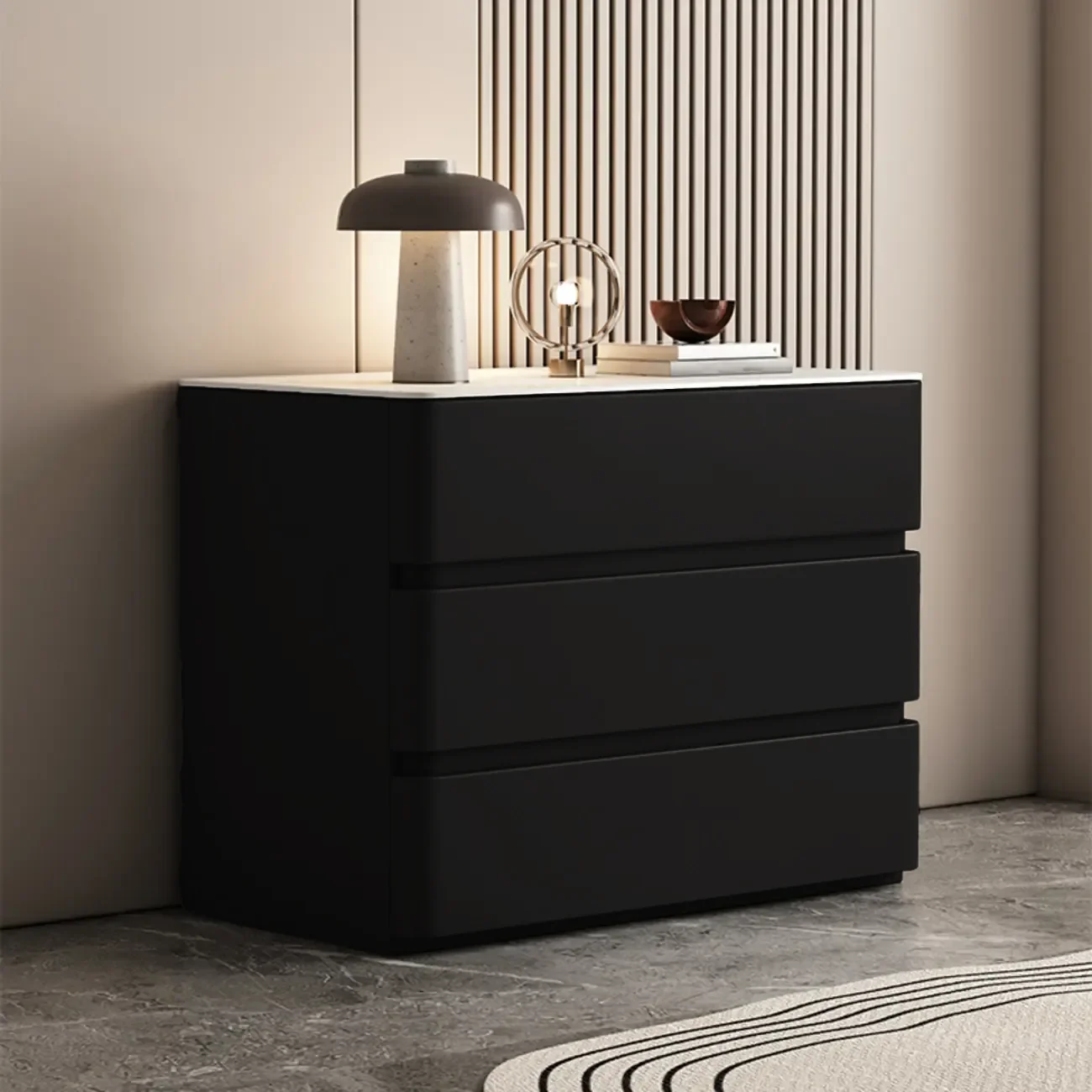 Rectangle Stone Top Wooden 3-Drawer Nightstand