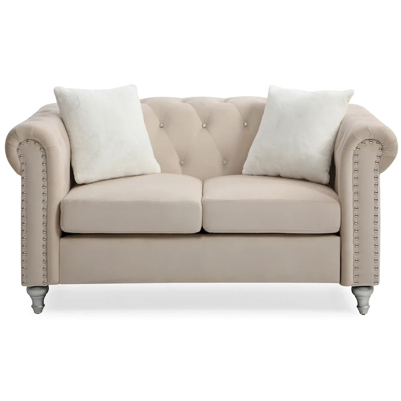 Velvet 2-Seater Chesterfield Sofa with Throw Pillows – Beige / Green / Pink