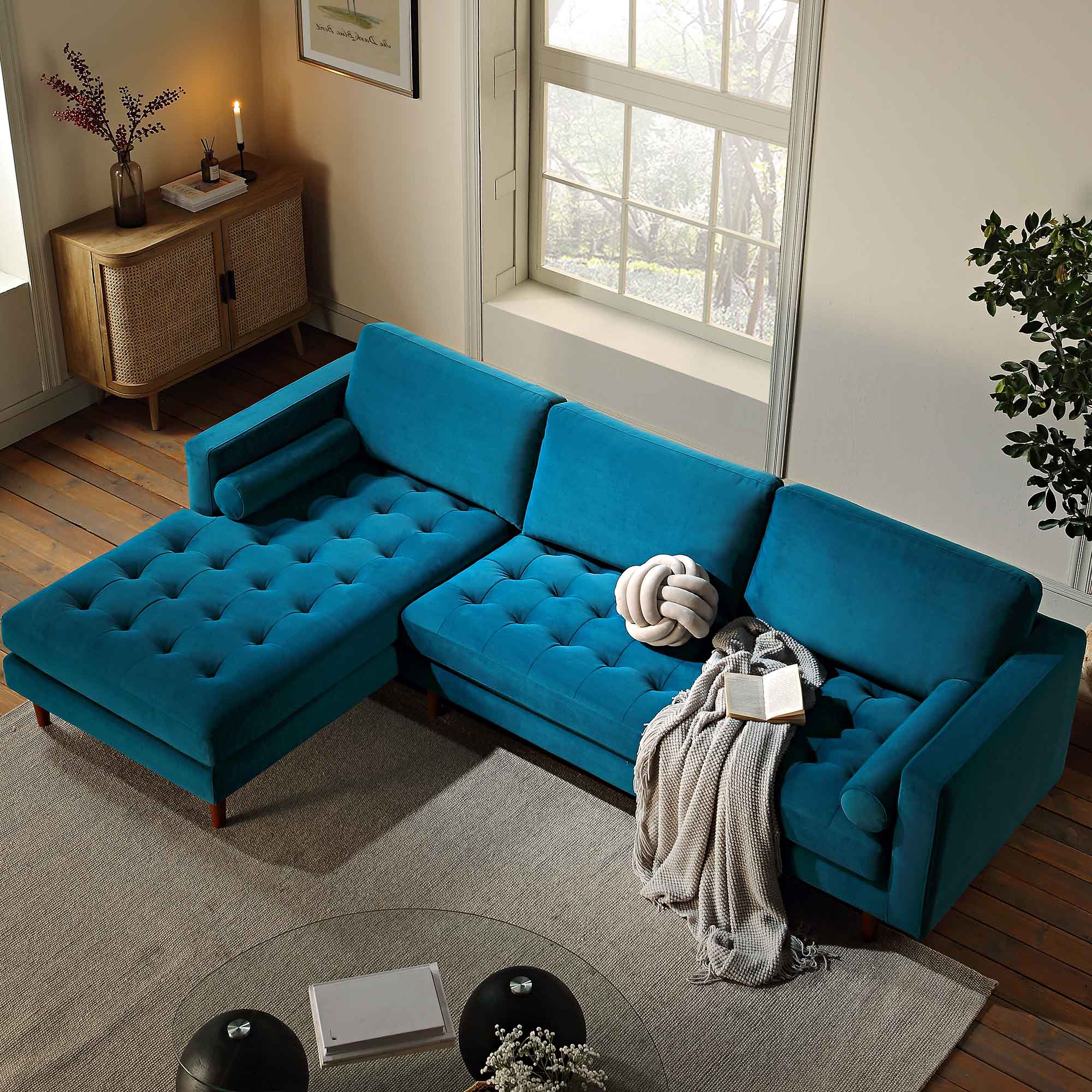 Teal Velvet Grand 4-Seater Chaise End Sofa, Left Hand Facing
