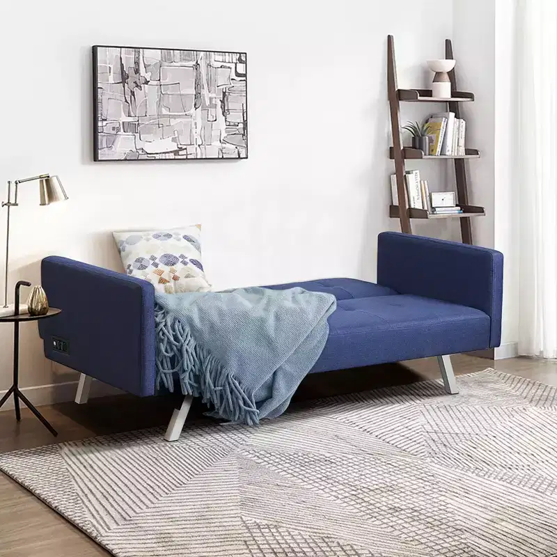 Costway Convertible Futon Sofa Bed Folding Recliner w/USB Ports&Power Strip Grey\Blue