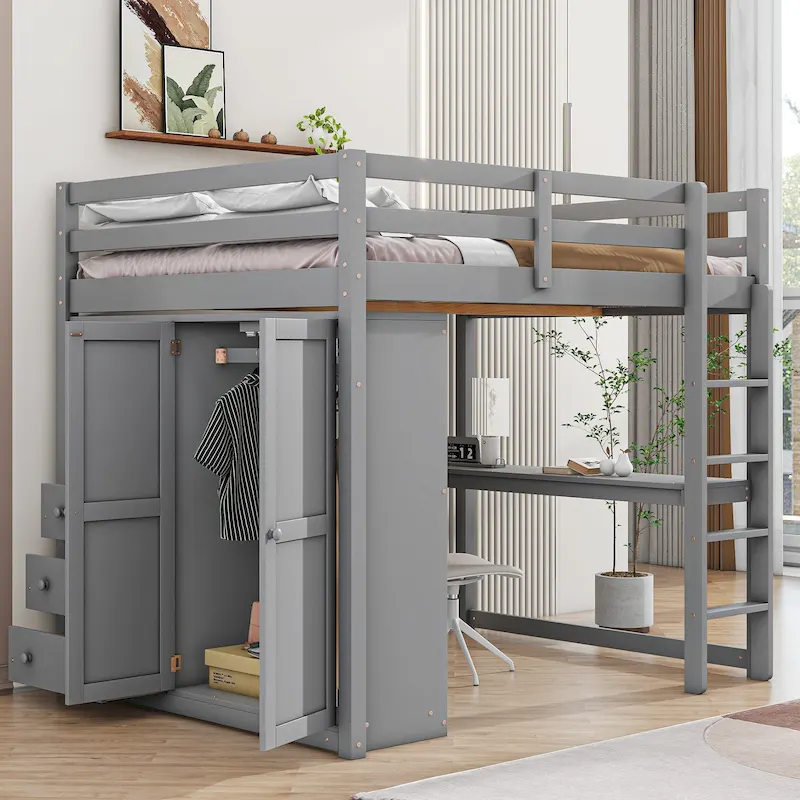 Wood Full Size Loft Bed w/Built-in Wardrobe, Desk, Storage Shelves