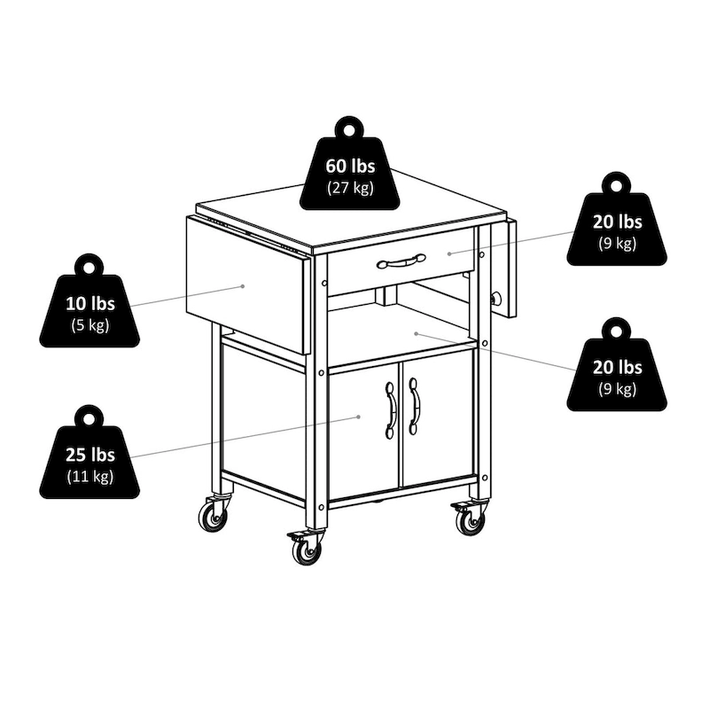 Rachael Kitchen Cart, Drop Leaf, Natural - 43.27 x 20.16 x 33.27 inches