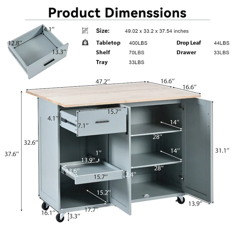 Kitchen Island With Foldable Counter Top(no include stool)