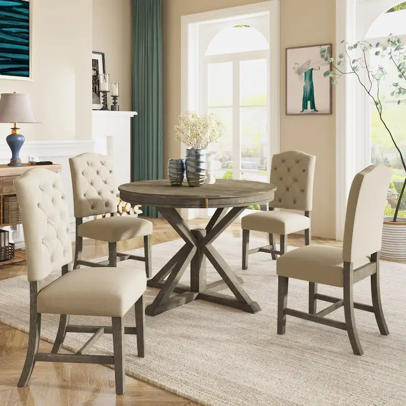 Dining Table Set with Extendable Table and 4 Upholstered Chairs