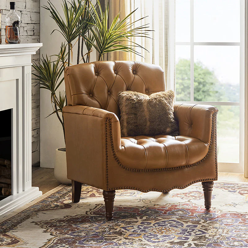 Genuine Leather Tufted Armchair with Nailhead Trim, Spring & Foam Seat & Turned Brown Solid Wood Legs | Camel / Burgundy / Black / Beige / Brown / Navy | Single Seat