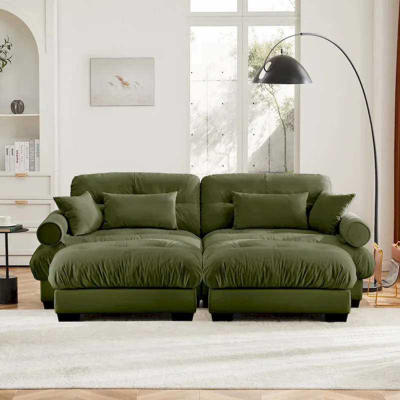 Velvet Fabric Loveseat Couch Modular Sectional Sofa with 2 Ottomans
