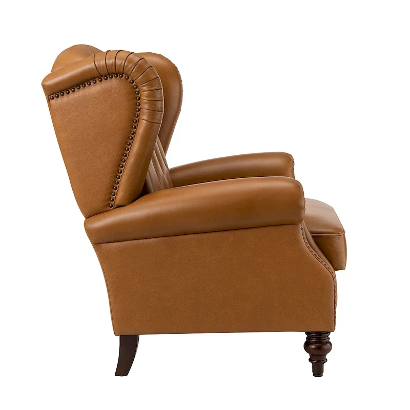 Brown Genuine Leather Wingback Armchair with Nailhead Trim, Set of 2, 1-Person