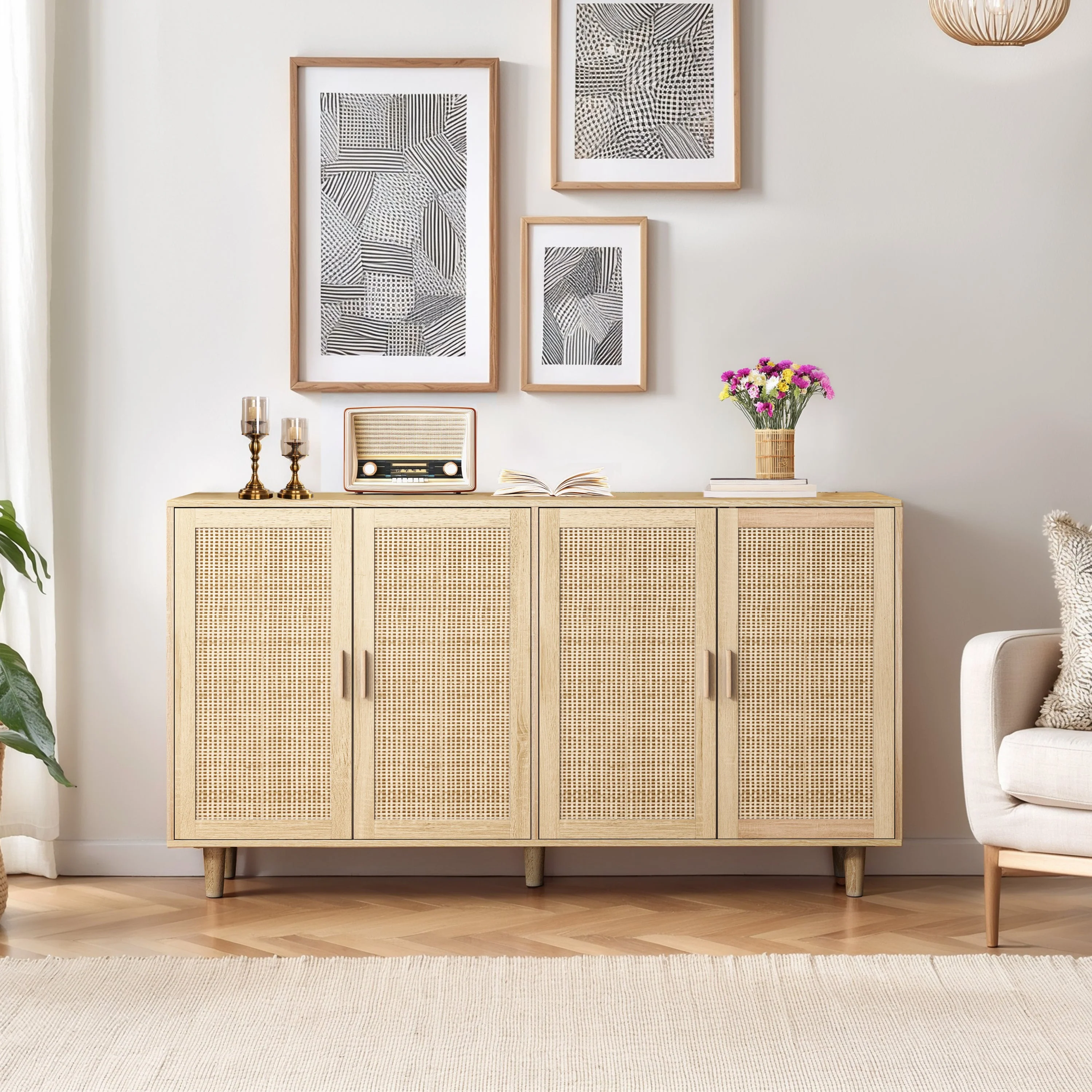 Walker Edison | Modern 4-Door Rattan Storage Sideboard TV Stand