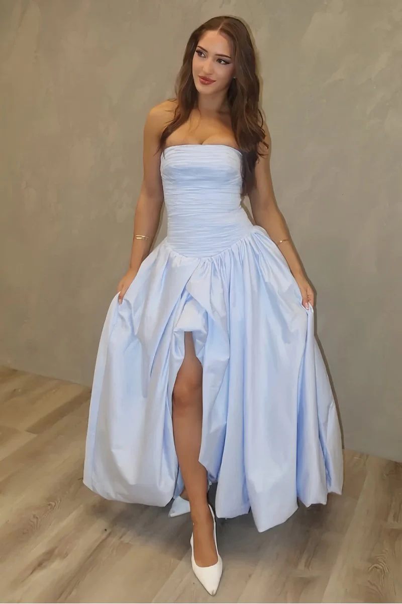Sky Blue - Strapless A Line Satin Pleated Prom Dresses With Slit