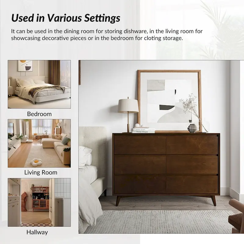 Raffaele Mid-century 6-Drawer Dresser with Solid Wood Legs by HULALA HOME