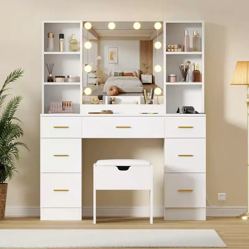 56Makeup Vanity with Power Outlet & Storage Shelves, Bedroom Dressing Table with 7 Drawers for Women & Girls, 3 Lighting Modes