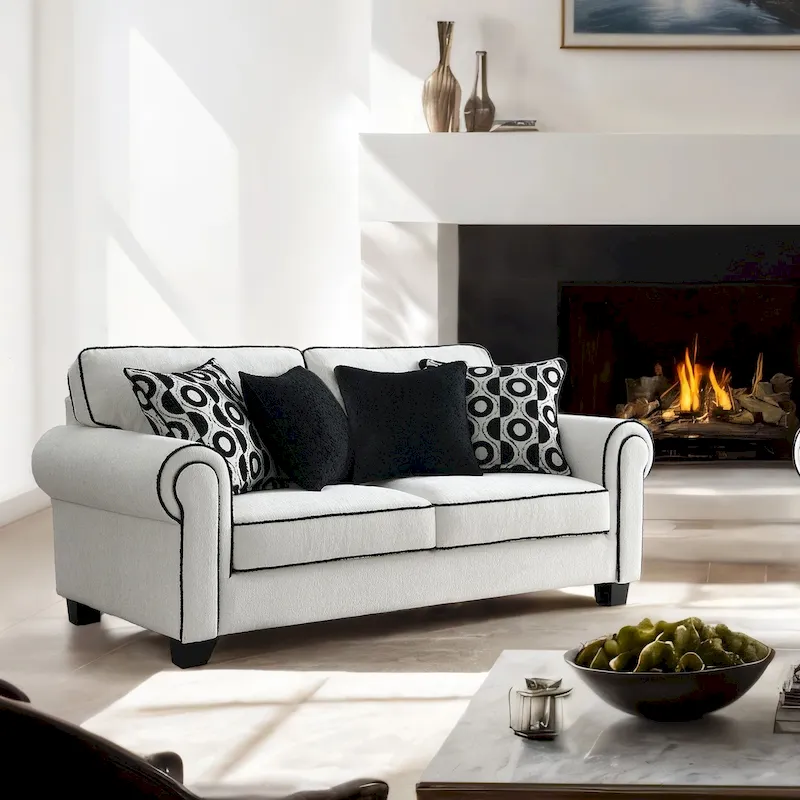 White Chenille Loveseat with Accent Pillows