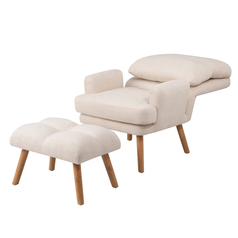 Accent Chair with Ottoman Set, Fabric Armchair with Wood Legs and Adjustable Backrest , Mid Century Modern Comfy Lounge Chair