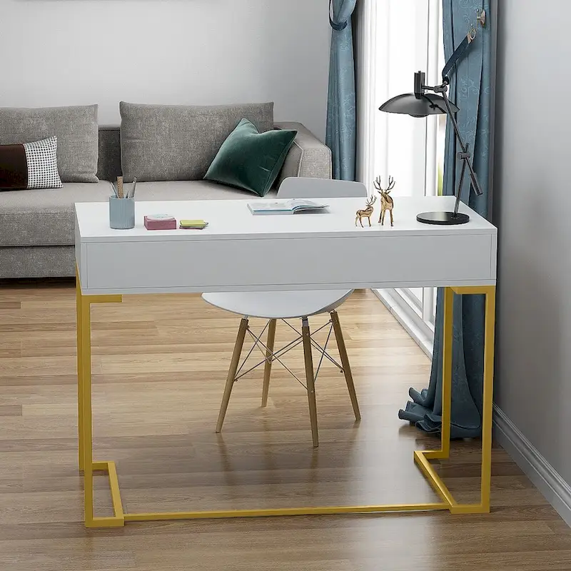 40 Inches Computer Desk White and Gold Desk with 2 Drawers