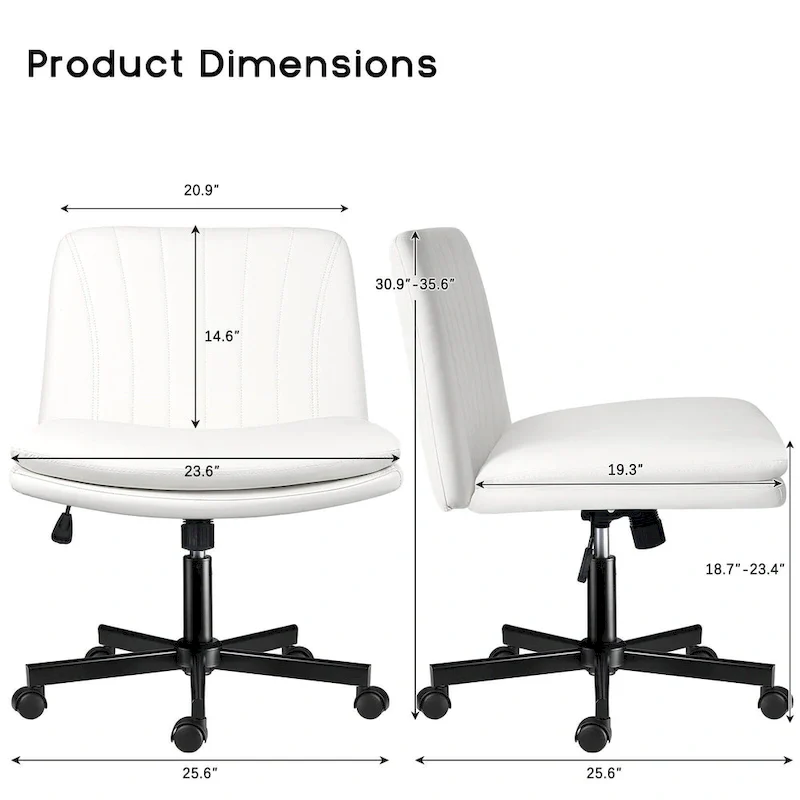 Cross Chair with Wheels,PU Leather Armless Cross Legged Office chair, Adjustable Wide Seat Task Vanity Chair