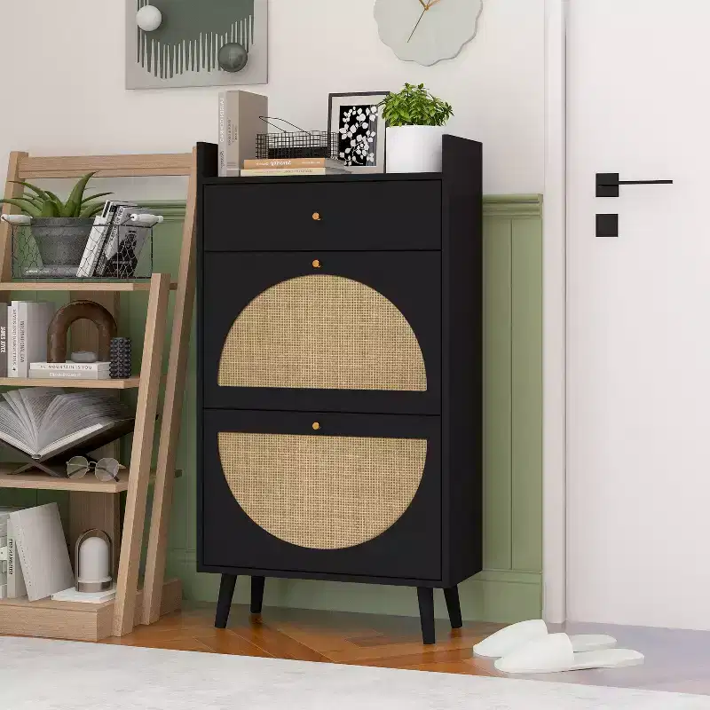 Modern Shoe Cabinet with Rattan Detailing, MDF Frame, Pine Wood Legs, and 1 Drawer+2 Flip Drawers, Multi-Shelf Storage Unit - ModernLuxe