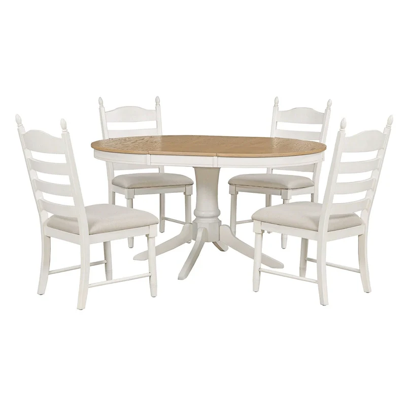 5 Piece Round Dining Table Set, Solid Wood Kitchen Table and Chair Set with Extendable Table and 4 Upholstered Chairs