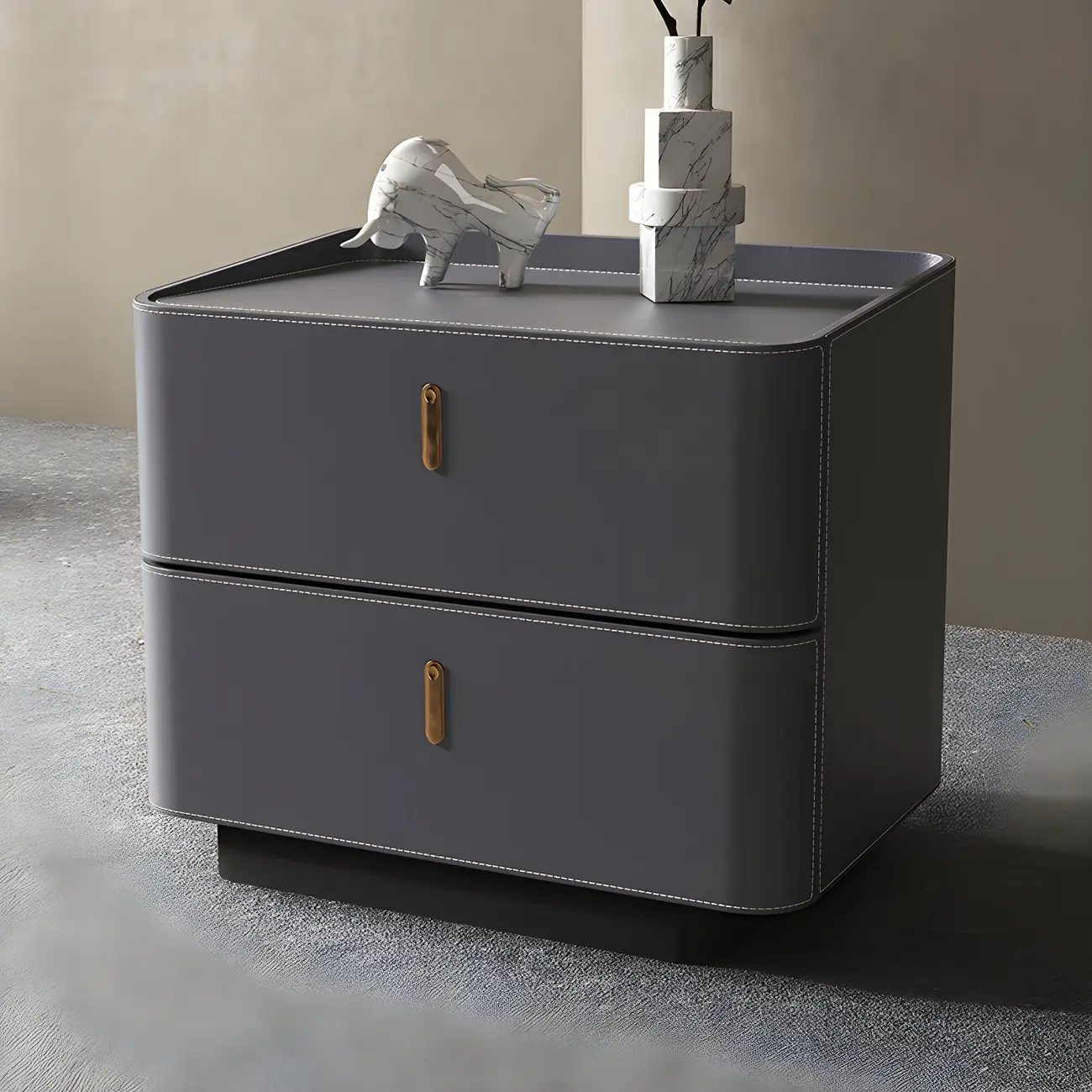 Modern Black Faux Leather Top Wood 2-Drawer Nightstand