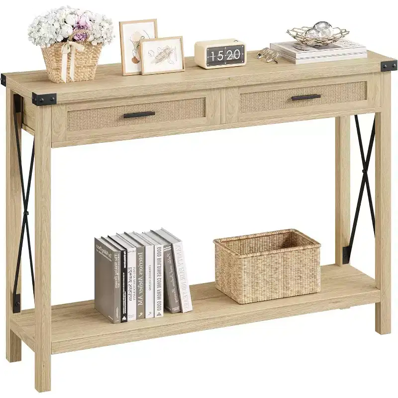 Boho Interior Style Console with Rattan Drawers  110 cm Wooden Entryway and Sofa Table with Storage for Living Room, Hallway and Hallway