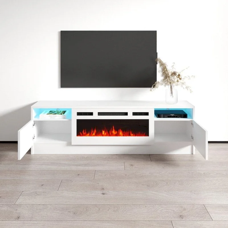 63 Inch TV Stand with Electric Fireplace Insert and LED Lighting