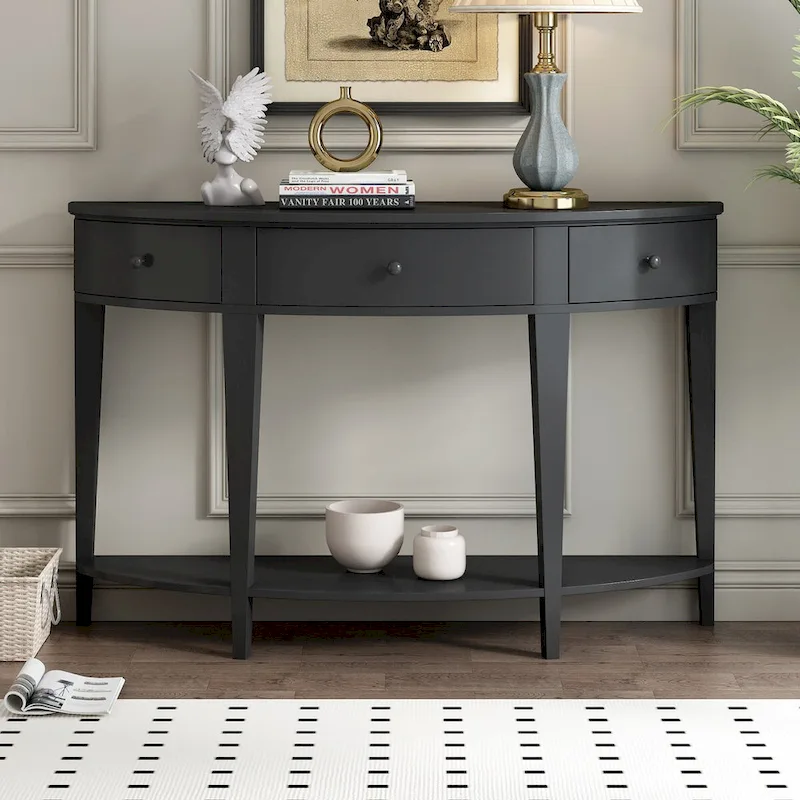 Modern Curved Console Table Sofa Table,3 drawers,1 Shelf,Black