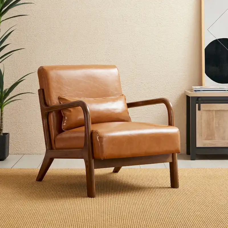Glitzhome 30.75H Mid-Century Modern PU Leather Armchair Accent Chair with Pillow - 25.75W x 33.75D x 30.75H