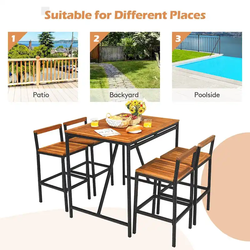 Costway 5PCS Patio Rattan Bar Table Stool Set Acacia Wood Top - See Details