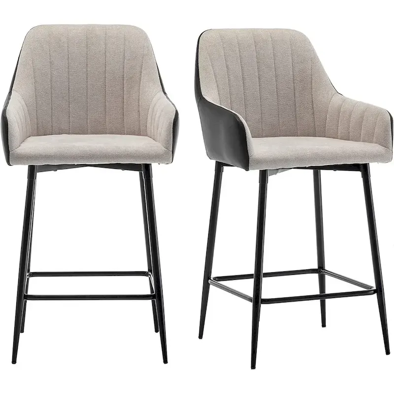 Tall Counter Height Bar Stools, 25, Mid-Back Upholstered Fabric Accent , PU Black Back, Beige Fabric, Set Of 2