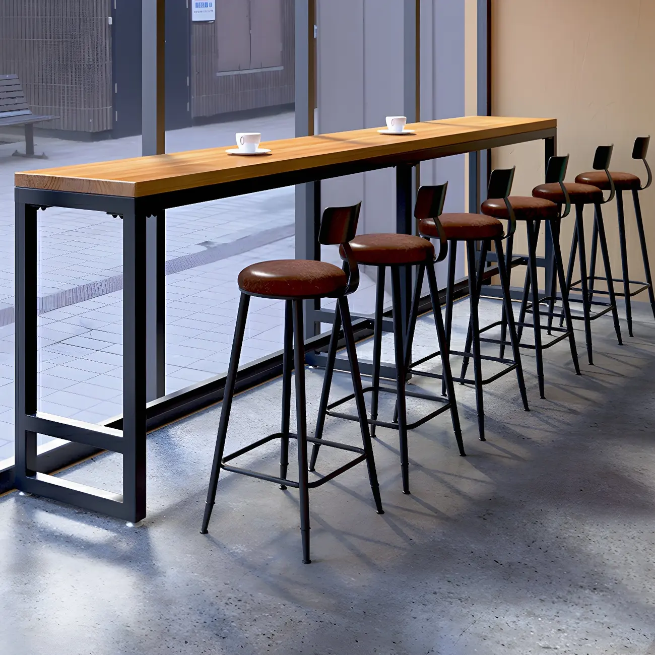 Modern Brown Wooden Iron Trestle Base Bar Table