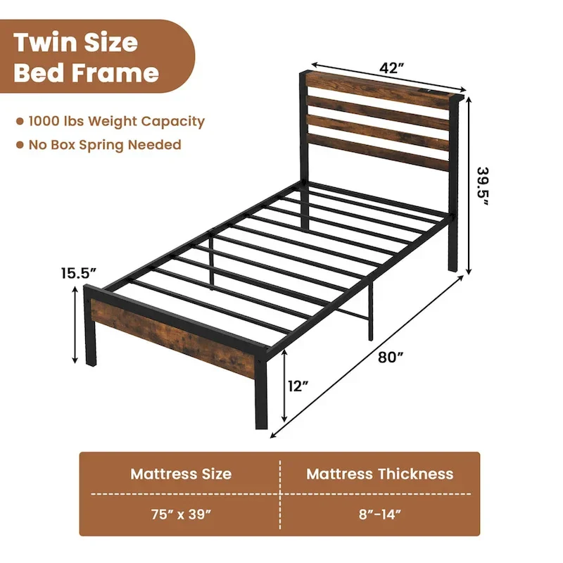 Industrial Metal Bed Frame Charging Station Mattress Foundation