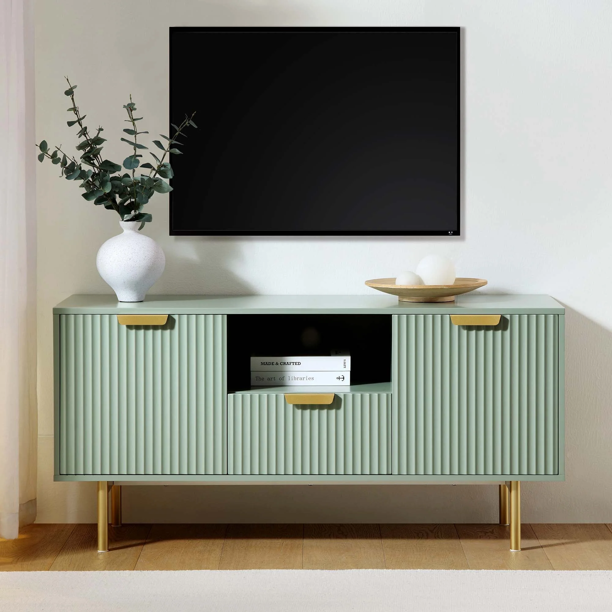 Ridged TV Media Unit, Matte Sage Green