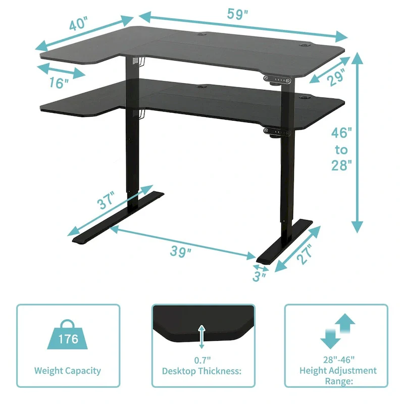 59  Adjustable Black L Shape Standing Desk