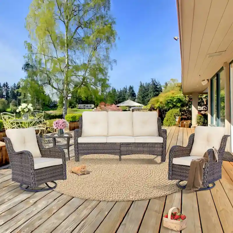 4 Piece Wicker Patio Furniture Sofa and Swivel Chair Set with Table
