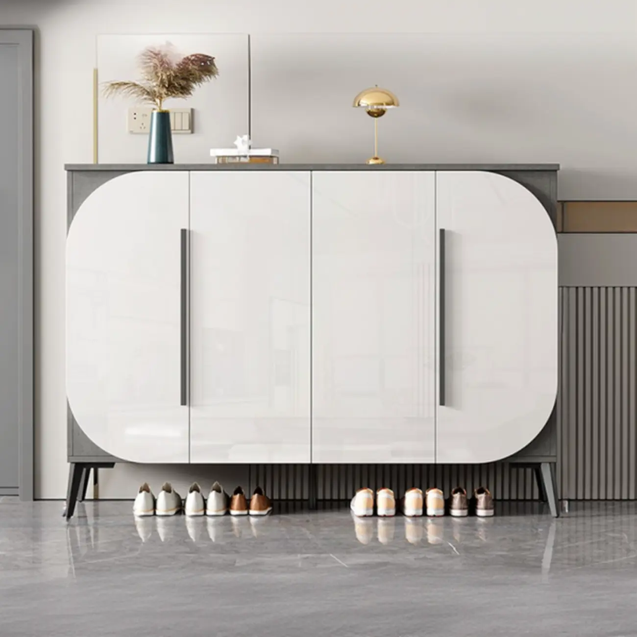 Trendy Gray-White Wooden Shoe Cabinet with Display Top