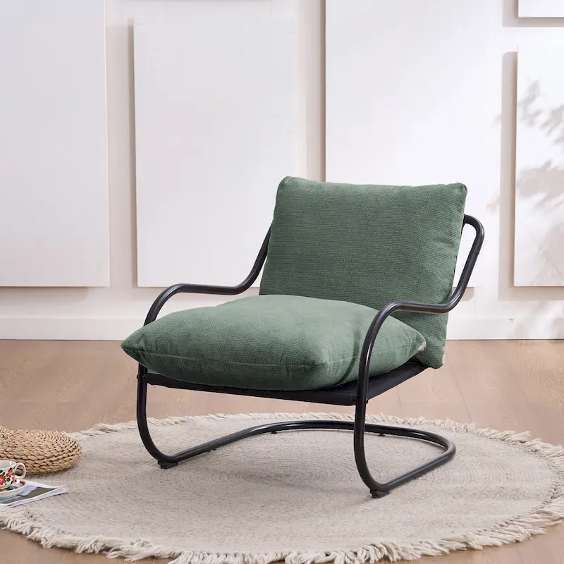 FERPIT Modern Curved Accent Chair with Faux Linen Upholstery, Comfy Lounge Chair with Metal Frame & Cushions
