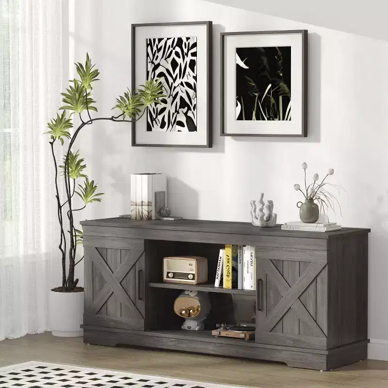 JIONJOY 58'' Modern Farmhouse TV Stand for TVs up to 65 - Natural Grey, 200 lbs Capacity, Adjustable Storage Shelves