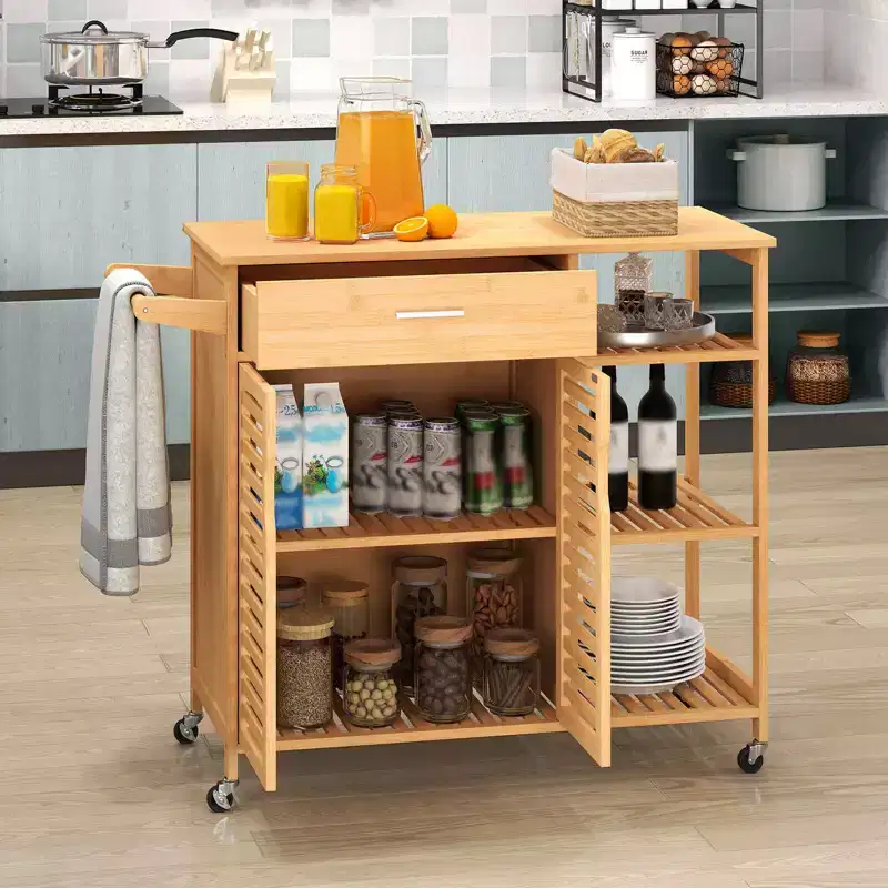 Natural Bamboo Kitchen Island Cart with Drawer, Cabinet & Lockable Wheels (1-Person Assembly)