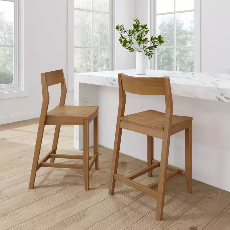 Plank+Beam 38 Modern Bar Height Chairs, Solid Wood Set of 2 Dining Chairs for Home Bar, Kitchen, Contemporary Seating for Dining Room