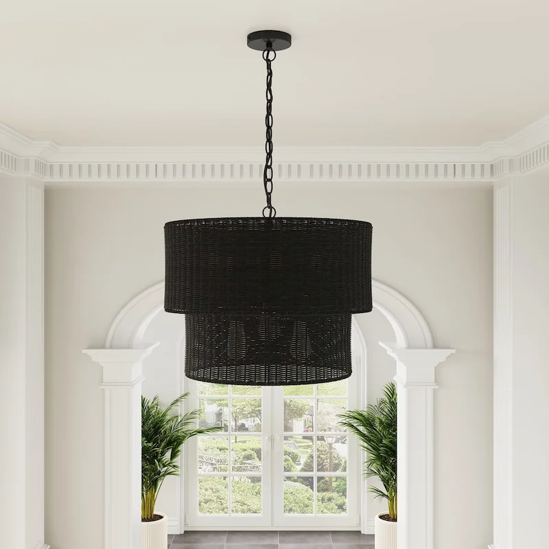 Farmhouse Matte Black Hand-Woven Rattan Craft Pendant Light
