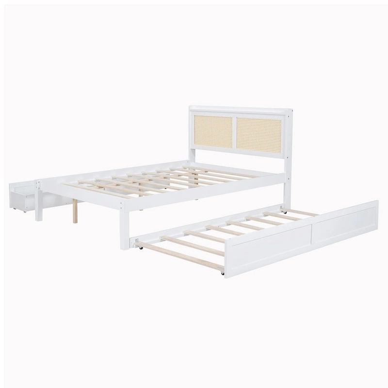 Elegant Bed Frame with Rattan Headboard and Sockets